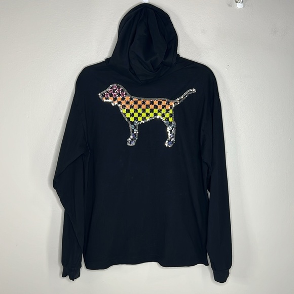Victoria’s Secret PINK Rainbow Sequined Checkered Dog Hooded Tee size Large - Picture 3 of 15